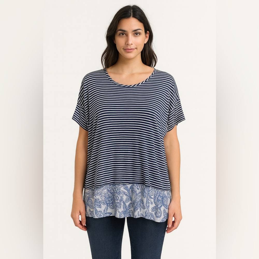 Wallpapher Woman’s Stripe Print Mix Short Sleeve Blouse Shirt Large